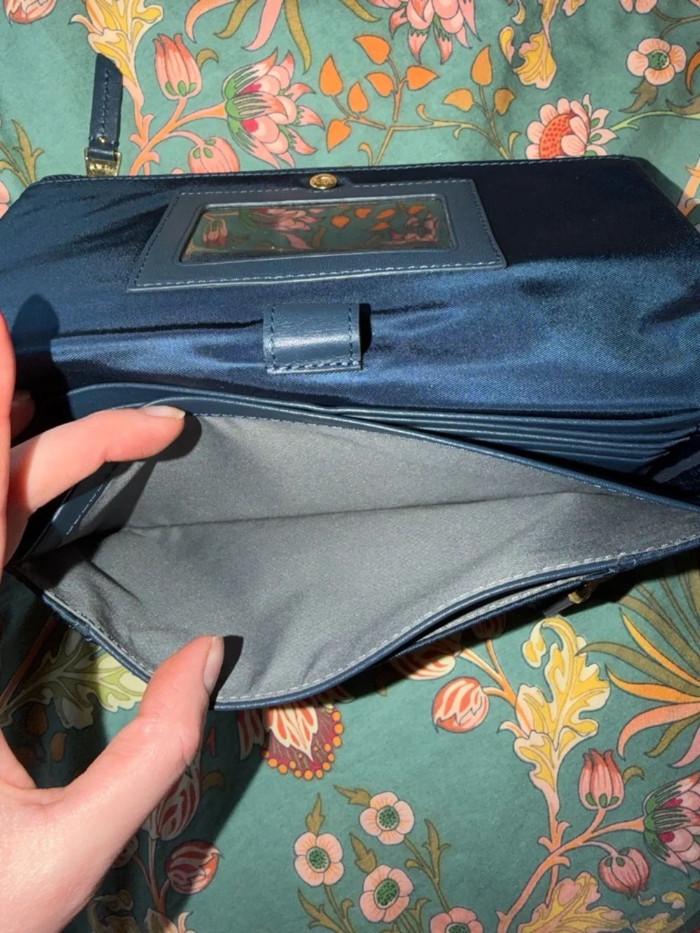 Tumi Navy Fold-Over Wristlet Clutch with Gold Hardware